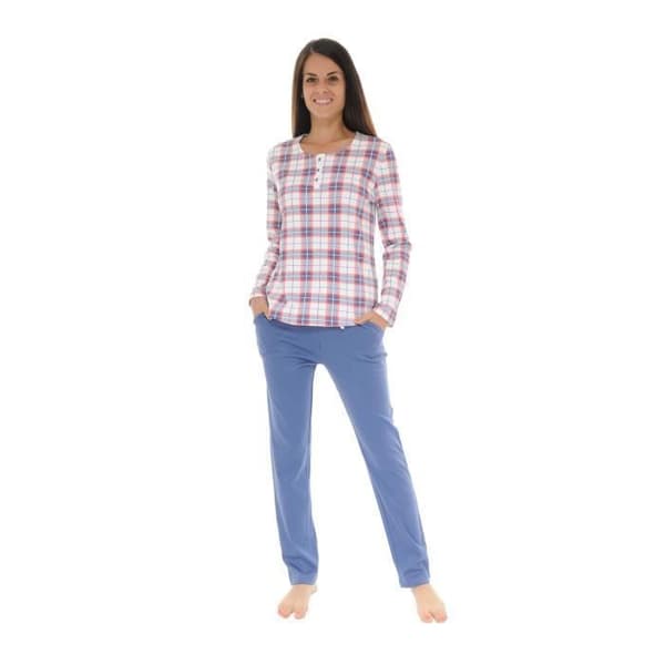 Pyjamas Lång - Romina - 5390 - 100% Bomull - Rutigt Tryck - Tunisisk Krage