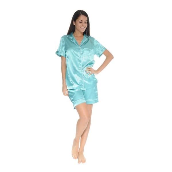 Pyjamahof - Marylin - 3388 - Satin Grön Aqua - Elegant - Elastisk Midja