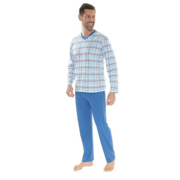 Pyjamas Lång - Nelio - 4263 - 100% Bomull - V-Hals - Rutig Mönster