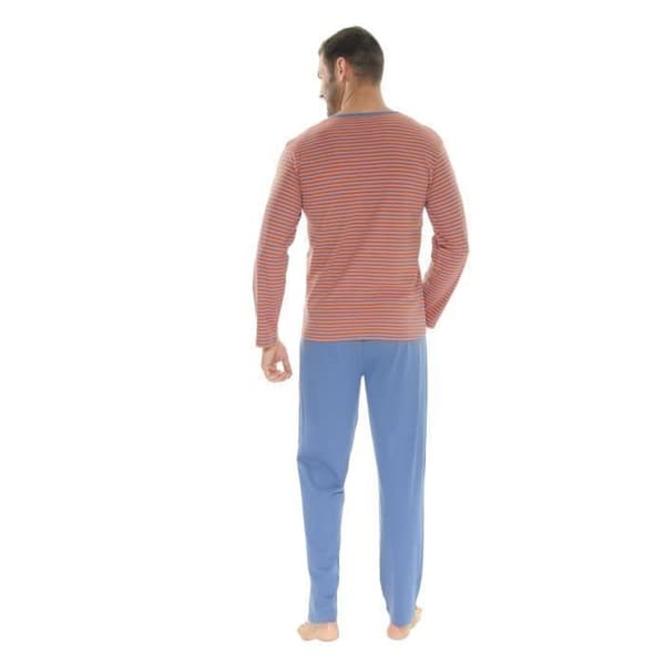 Pyjamas lång - Nicola - 3648 - 100% bomull - Tunisisk krage - Orange och blå randig