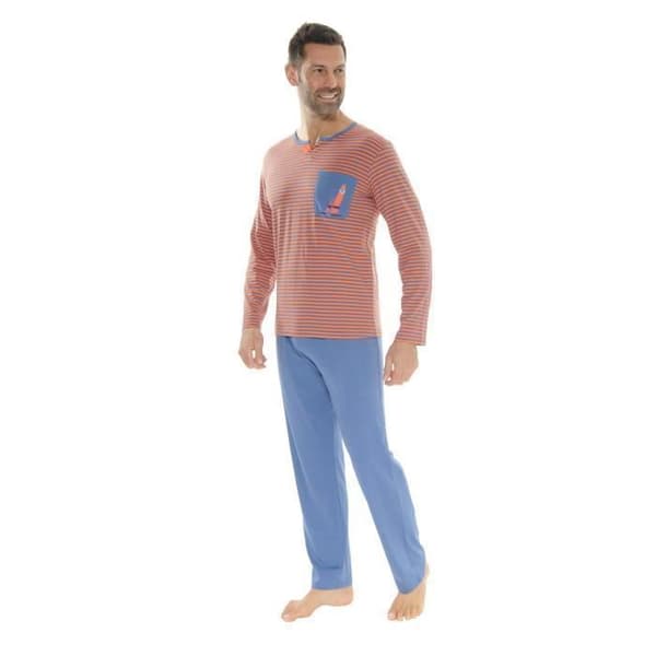 Pyjamas lång - Nicola - 3648 - 100% bomull - Tunisisk krage - Orange och blå randig