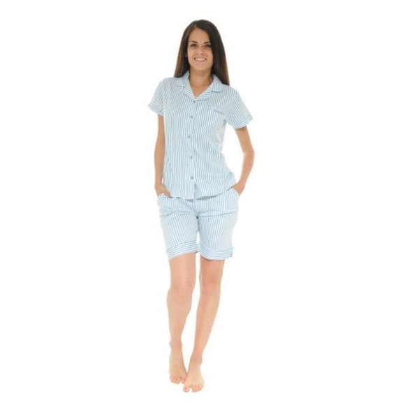 Pyjamakostym - Mary - 3905 - Fluidt material - Randig ljusblå - Elastisk midja