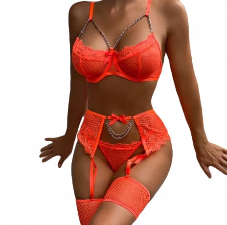 Vackert set med damunderkläder BH-STRINGAR Bälten Strumpeband ORANGE M