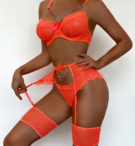 Vackert set med damunderkläder BH-STRINGAR Bälten Strumpeband ORANGE M