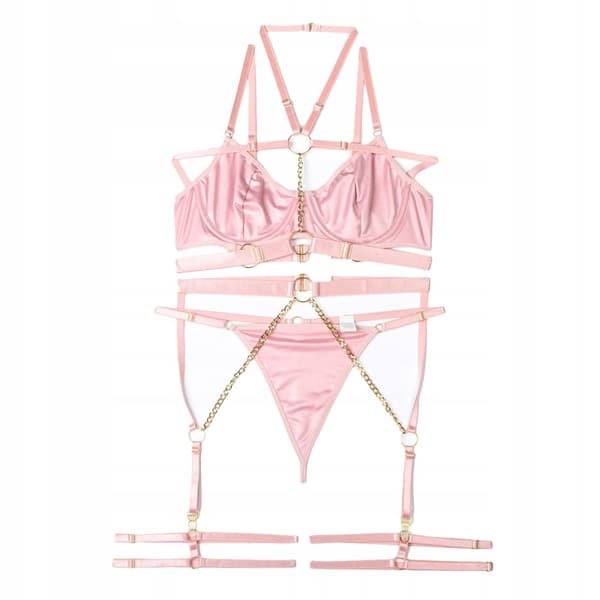 Sexigt set med underkläder för kvinnor BH-band med kedjor och trosor Rosa L