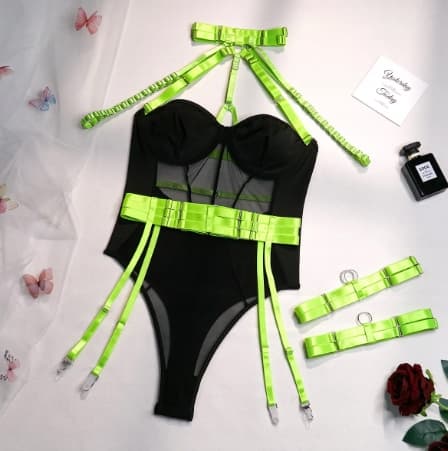 Sexet dameundertøjssæt med bælter, choker-bh, trusser, fluorescerende, smukt