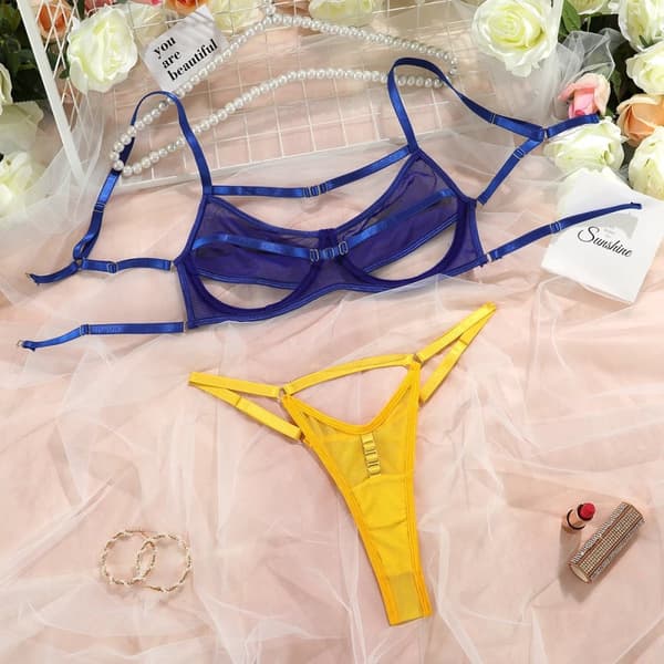 Sexigt set med underkläder för kvinnor Sexig BH-string Gul-Blå rL