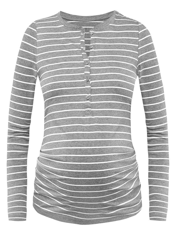 Dame bomulds-pajamas-T-shirt med grå navle og bomuldsprint
