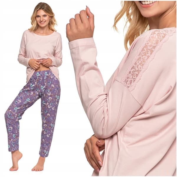 Dampyjamas i fin spets med långa ärmar och blommiga byxor MORAJ XL