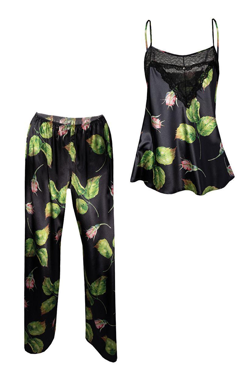 Satin Flowers pajamas KC 008, black and green, XS