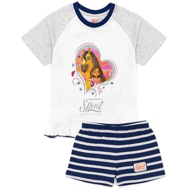 Spirit Girls Untamed Riding Free Short Pyjama Set White/Heather Grey/Navy 3-4 Years