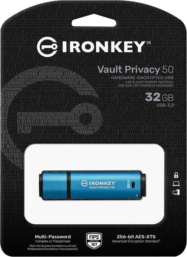 IronKey Vault Privacy 50 - säker USB-flashenhet 32 GB - Blå