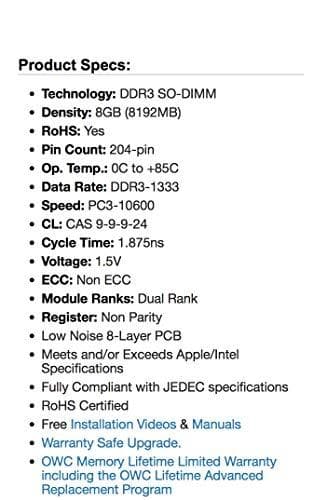 Other World Computing DDR3-modul 8 GB SO DIMM 204-PIN 1333 MHz / PC3-10600 CL9 1,5 V obuffrad icke-ECC för Apple Mac mini (mitten av 2011), MacBook Pr