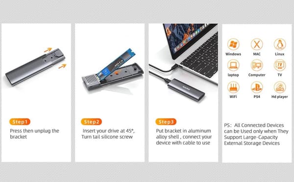 Maiwo K1689 M.2 SATA & NVMe SSD till USB-C-hölje - USB3.2 Gen2 - 10 Gbps - Grå