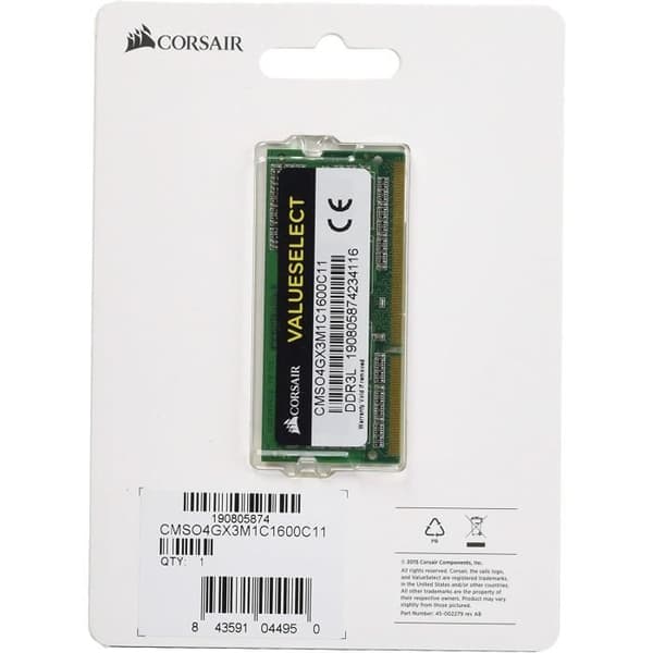 RAM-minne - CORSAIR - ValueSelect DDR3L - 4GB 1x4GB DIMM - 1600 MHz - 1,35V (CMSO4GX3M1C1600C)
