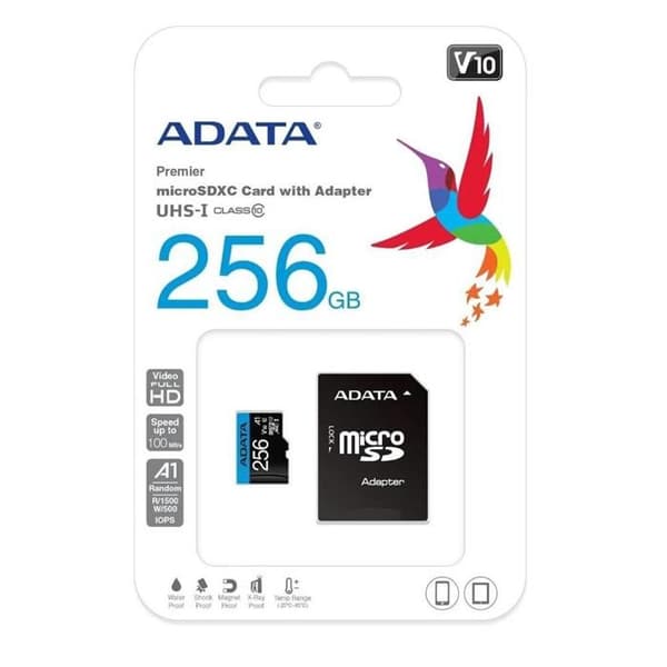 Minneskort Micro SD Adata 256 Gb 100 Mb/Sg Klass 10 Ausdx256 Guilcl 10A1 Ra1