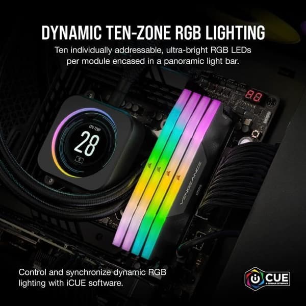 RAM - CORSAIR Vengeance RGB DDR5 - 32GB 2x16GB DIMM - 5200MHz - Obuffrad, 40-40-40-77, XMP 3.0, Black Heatspreader, RGB LED,