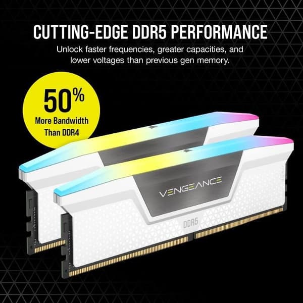 CORSAIR Vengeance RGB DDR5 - 32GB 2x16GB DIMM - 5200MHz - Puskuroimaton, 40-40-40-77, XMP 3.0, Valkoinen lämmönlevitin, RGB LED, 1.25V