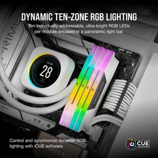 CORSAIR Vengeance RGB DDR5 - 32GB 2x16GB DIMM - 5200MHz - Puskuroimaton, 40-40-40-77, XMP 3.0, Valkoinen lämmönlevitin, RGB LED, 1.25V