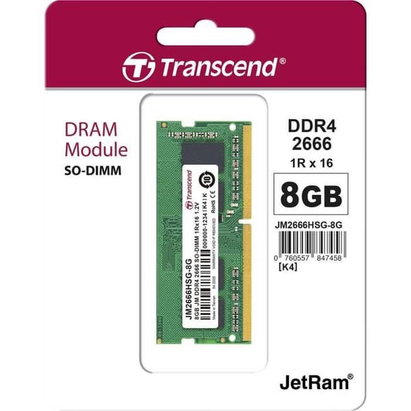 TRANSCEND 8GB JM DDR4 2666Mhz SO-DIMM 8GB JM DDR4 2666Mhz SO-DIMM 1Rx16 1Gx16 CL19 1.2V -