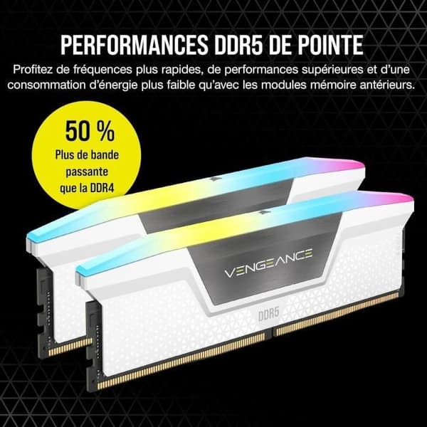 Corsair Vengeance RGB DDR5 32 Gt (2 x 16 Gt) 6000 MHz CL36 - Valkoinen - Kaksikanavainen pakkaus 2 RGB DDR5 PC5-48000 RAM-liuskaa -