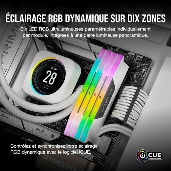 Corsair Vengeance RGB DDR5 32 Gt (2 x 16 Gt) 6000 MHz CL36 - Valkoinen - Kaksikanavainen pakkaus 2 RGB DDR5 PC5-48000 RAM-liuskaa -