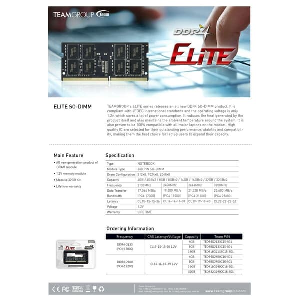 RAM-minne Team Group TED416G3200C22-S01 16 GB DDR4 3200 MHz CL19