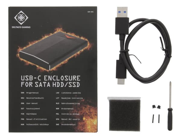 DELTACO GAMING 2.5" SATA HDD enclosure, aluminum, LED, USBC, USB 3.0
