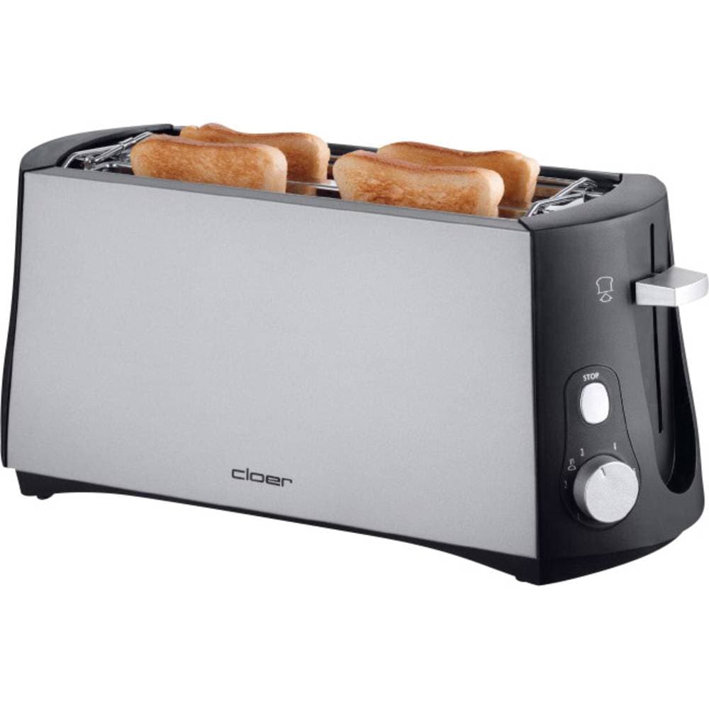 Cloer Toaster 3710 Brödrost dubbel långt fack inbyggd brödvärmare Svart, Silver