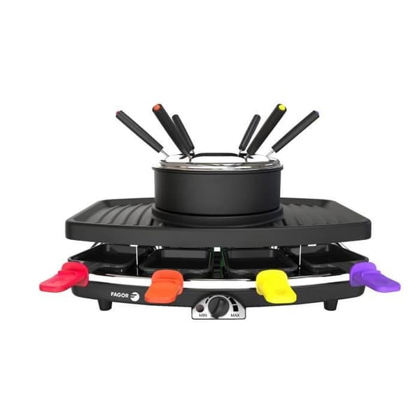 FAGOR - FG816 - Kombinerad 3 i 1 raclette + fondue + grill - 1100W - kapacitet 1,5L - 8 kokkärl + 6 fondueplaggar