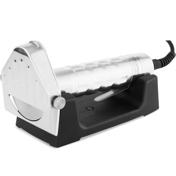 Elektrisk kebabkniv för kött, slät, tandad, med skärp och stativ, 0-6 mm, 80 W