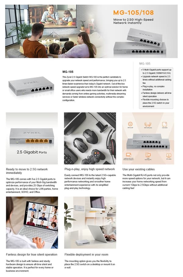 Zyxel MG-105 Ohanterad 2.5G Ethernet (100/1000/2500) Stål