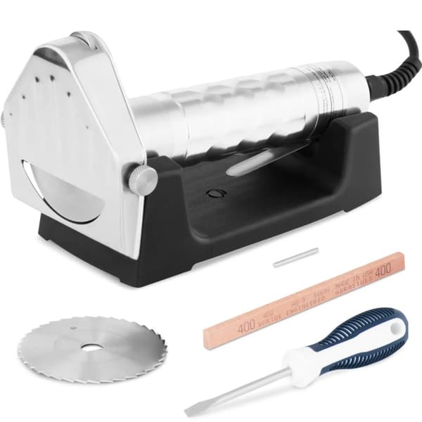 Elektrisk kebabkniv för kött, slät, tandad, med skärp och stativ, 0-6 mm, 80 W