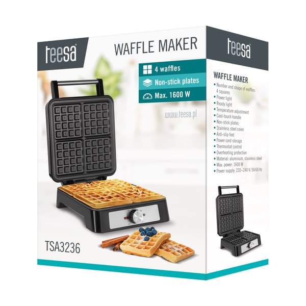 TEESA vaffelmaskine, 4 vafler, 1600W, rustfrit stål, effektregulering