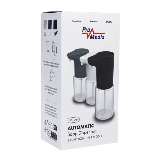 Promedix automatisk dispenser, dispenserbehållare för flytande tvål, desinficerande vätskor, 300ml, 4xAA, svart, PR-540 B