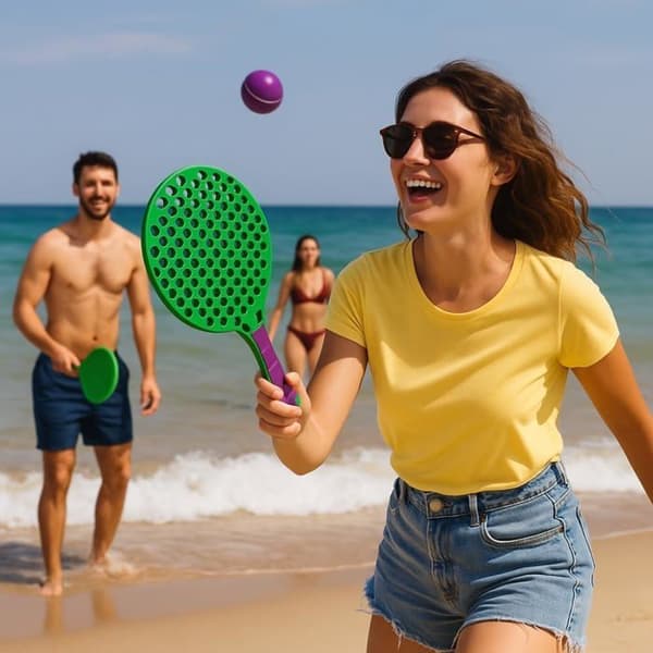 Set av Strandtennis 2 Plast Racketar 50 cm med 2 Skum Bollar och Transportväska - Slumptvärg