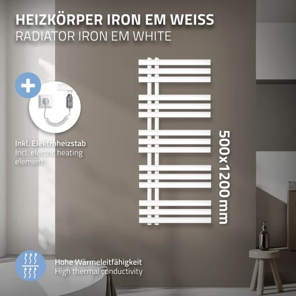 ECD Germany Iron EM design badeværelsesradiator elektrisk med varmestang 900 W - 500 x 1200 mm - hvid - design radiatorpanel radiator radiator