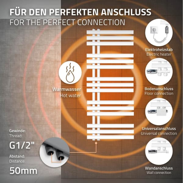 ECD Germany Iron EM design badeværelsesradiator elektrisk med varmestang 900 W - 500 x 1200 mm - hvid - design radiatorpanel radiator radiator