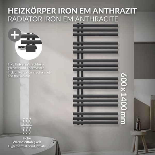 ECD Germany Design Handduk Iron EM - 600 x 1400 mm - antracit - radiator handdukstork