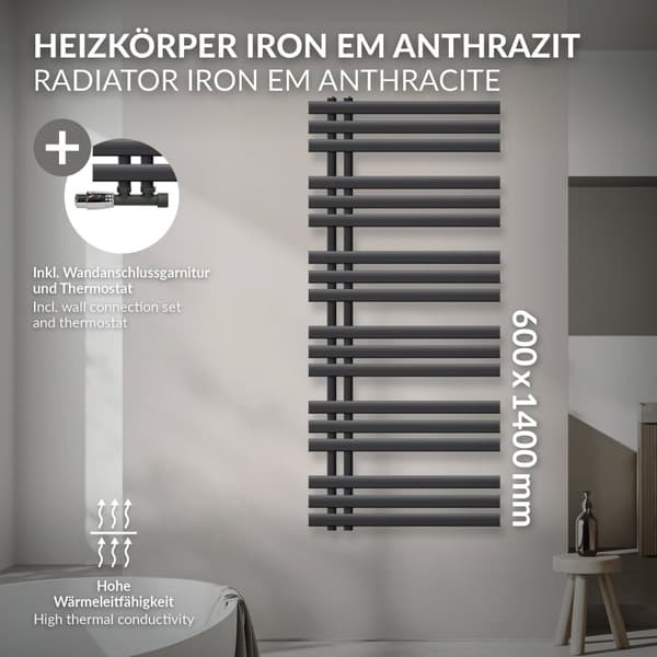 ECD Germany Design Håndklæde Iron EM - 600 x 1400 mm - antracit - radiator håndklædevarmer Håndklæde Eck