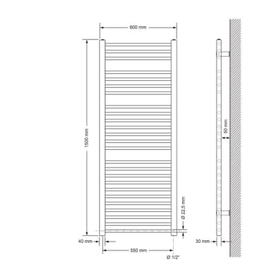 Lämmitetty pyyhe jäähdytin lämmityselementtiä 1200 W ECD Germany Malli Saharan 600 x 1500 mm valkoinen suoran kyljen yhteys pyyheteline