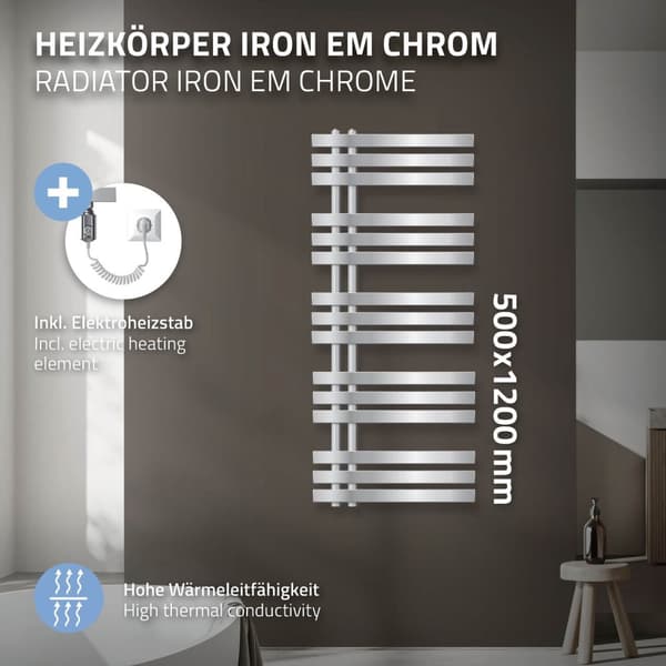 ECD Germany Iron EM design badeværelsesradiator elektrisk med varmestang 900 W - 500 x 1200 mm - krom - design radiatorpanel radiator radiator