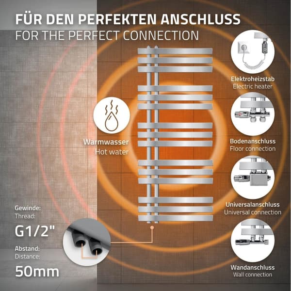 ECD Germany Iron EM design badeværelsesradiator elektrisk med varmestang 900 W - 500 x 1200 mm - krom - design radiatorpanel radiator radiator