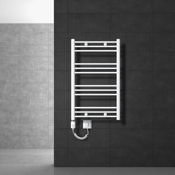 Pyyhe jäähdytin lämmityselementtiä 600 W: n ECD Germany malli Saharan 600 x 800 mm valkoinen taivutettu sivuaukon pyyhe haltija