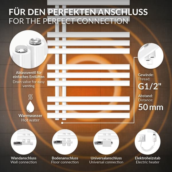 ECD Germany Suunnittelu Pyyhe Iron EM -6500 x 1400 mm - Valkoinen - jäähdyttimen pyyhkeenlämmitin kuivain ylitys