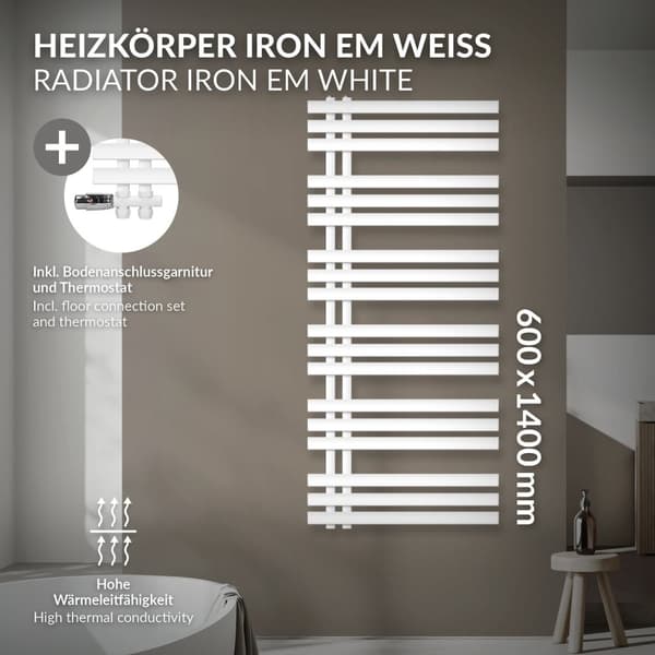 ECD Germany Suunnittelu Pyyhe Iron EM -6500 x 1400 mm - Valkoinen - jäähdyttimen pyyhkeenlämmitin kuivain ylitys