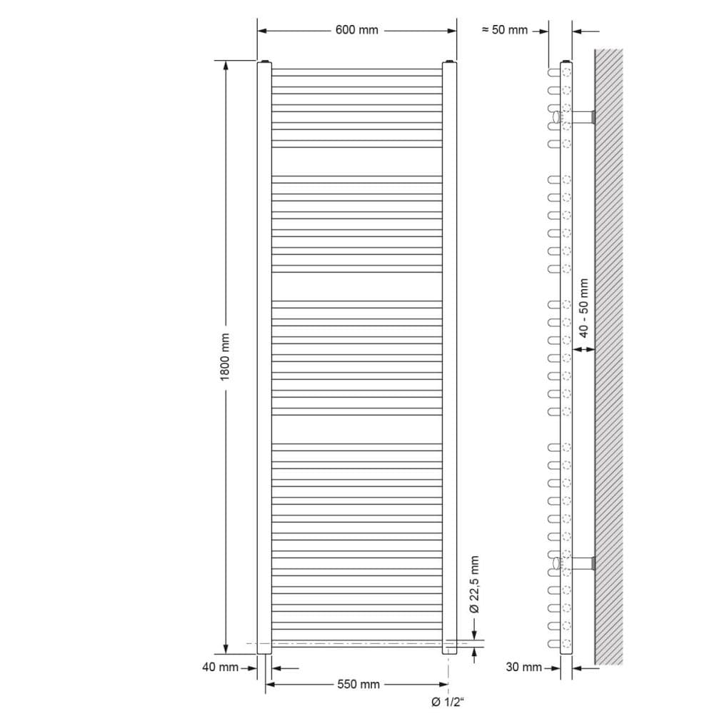 ECD Germany jäähdytin sähkökiuas 1200W - 600 x 1800 mm - Kromi - taivutetaan puoli liitäntä - Jäähdyttimen pyyhkeenlämmitin Pyyhe