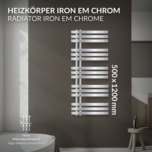 500 x 1200 mm IRON EM DESIGN Patteriliitäntä paneeliradiaattorit 50mm CHROME