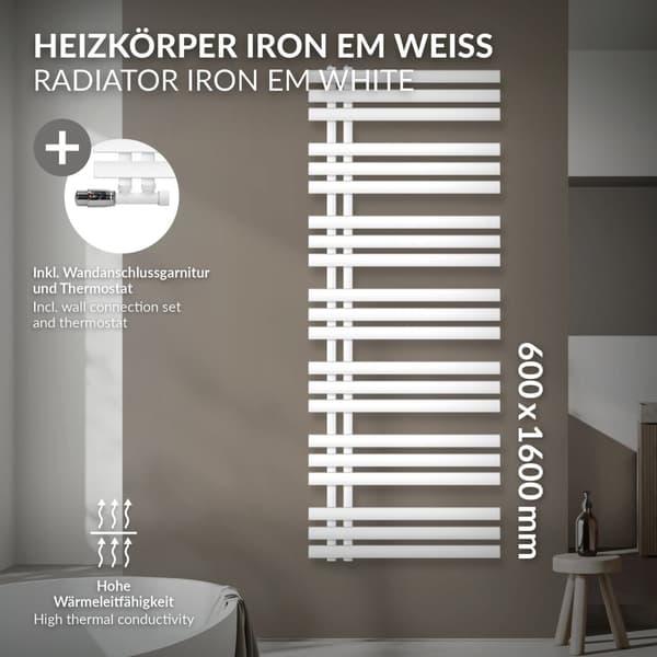 ECD Germany Design Håndklæde Iron EM - 600 x 1600 mm - Hvid - radiator håndklædevarmer Håndklæde Eck