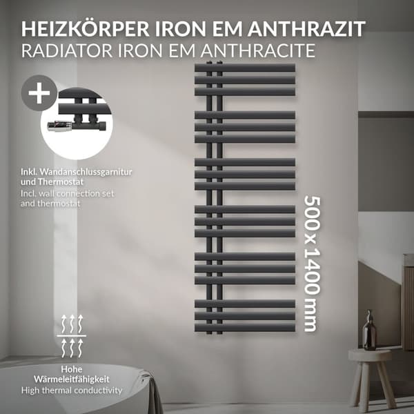 ECD Germany Suunnittelu Pyyhe Iron EM - 500 x 1400 mm - antrasiitti - jäähdyttimen pyyhkeenlämmitin Pyyhe Eck
